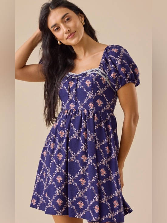 Altar'd State Dresses & Skirts - NWT [Altar'd State] Azura Mini Floral Puff Sleeve Lace Trim Dress Women’s XXS
